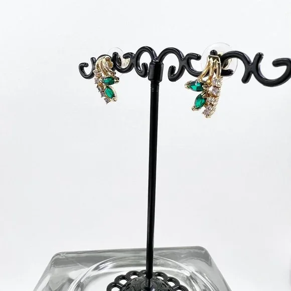 Green & Clear Rhinestone Gold Tone Post Earrings - Picture 3 of 7